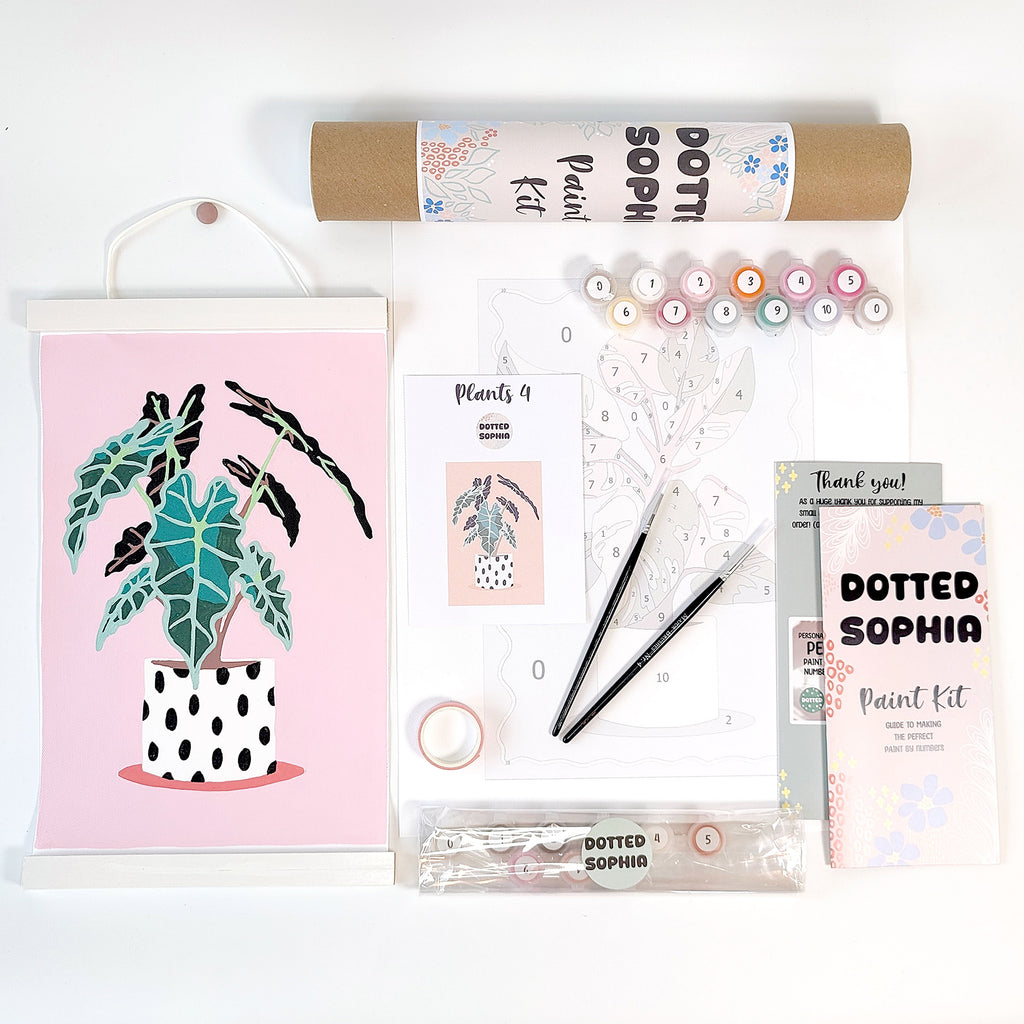 Elephant Ear Alocasia paint by number sip and paint kit. Perfect gift for craft lovers and cosy hobbies. Easy craft idea for adults. house plant host your own party mix and match bundles