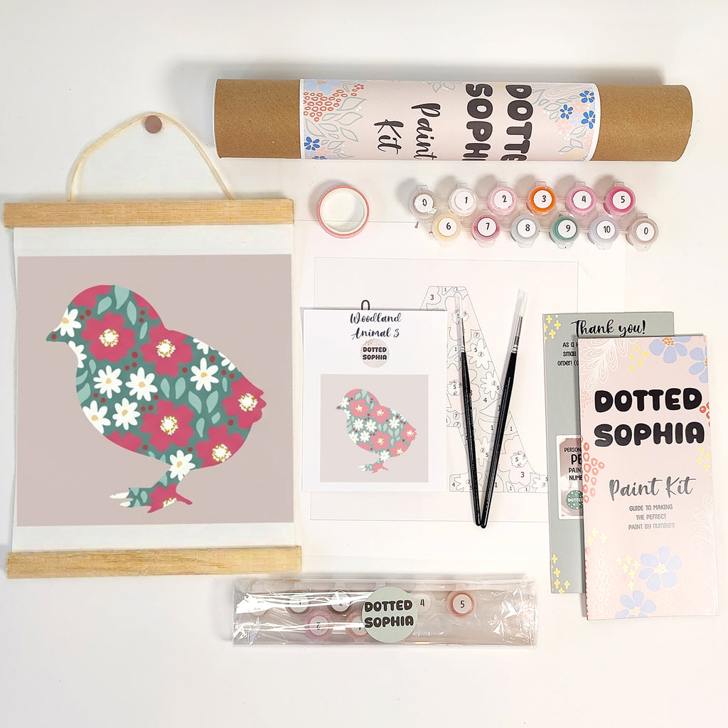 Baby Chicke Spring Sip and Paint by Number kit, DIY make your own modern wall art Dotted Sophia with everything included Easy Beginners Wellbeing Canvas