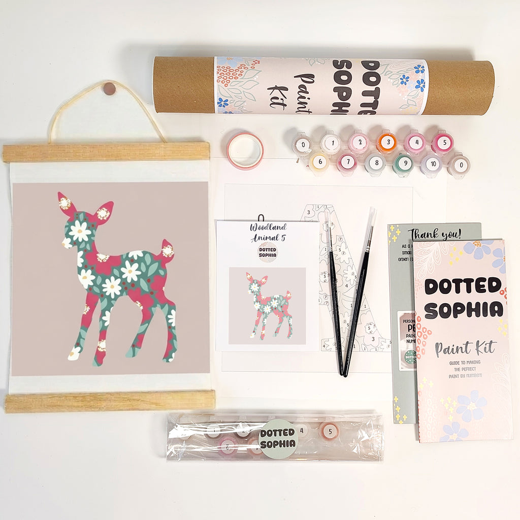 Spring Woodland Animal Baby Deer Sip and Paint by Number kit, DIY make your own modern wall art Dotted Sophia with everything included Easy Beginners Wellbeing Canvas