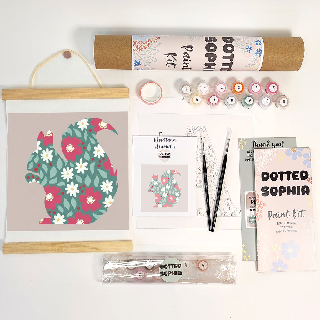 Spring Woodland Animal Sip and Paint by Number kit, DIY make your own modern wall art Dotted Sophia with everything included Easy Beginners Wellbeing Canvas