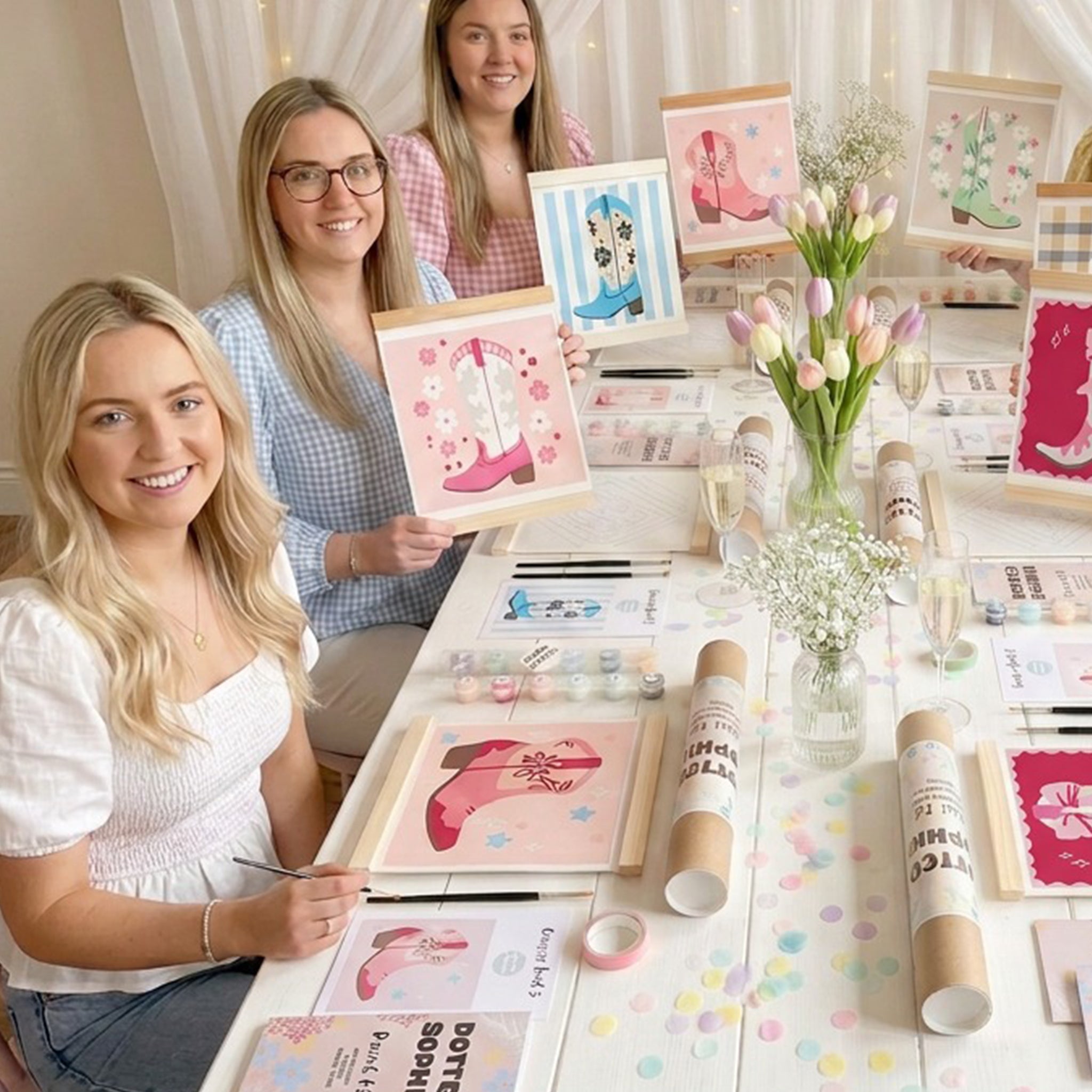 Hen do bachelorette sip and paint party host your own activity idea. Dotted Sophia cowgirl boots paint kits, western cowboy theme