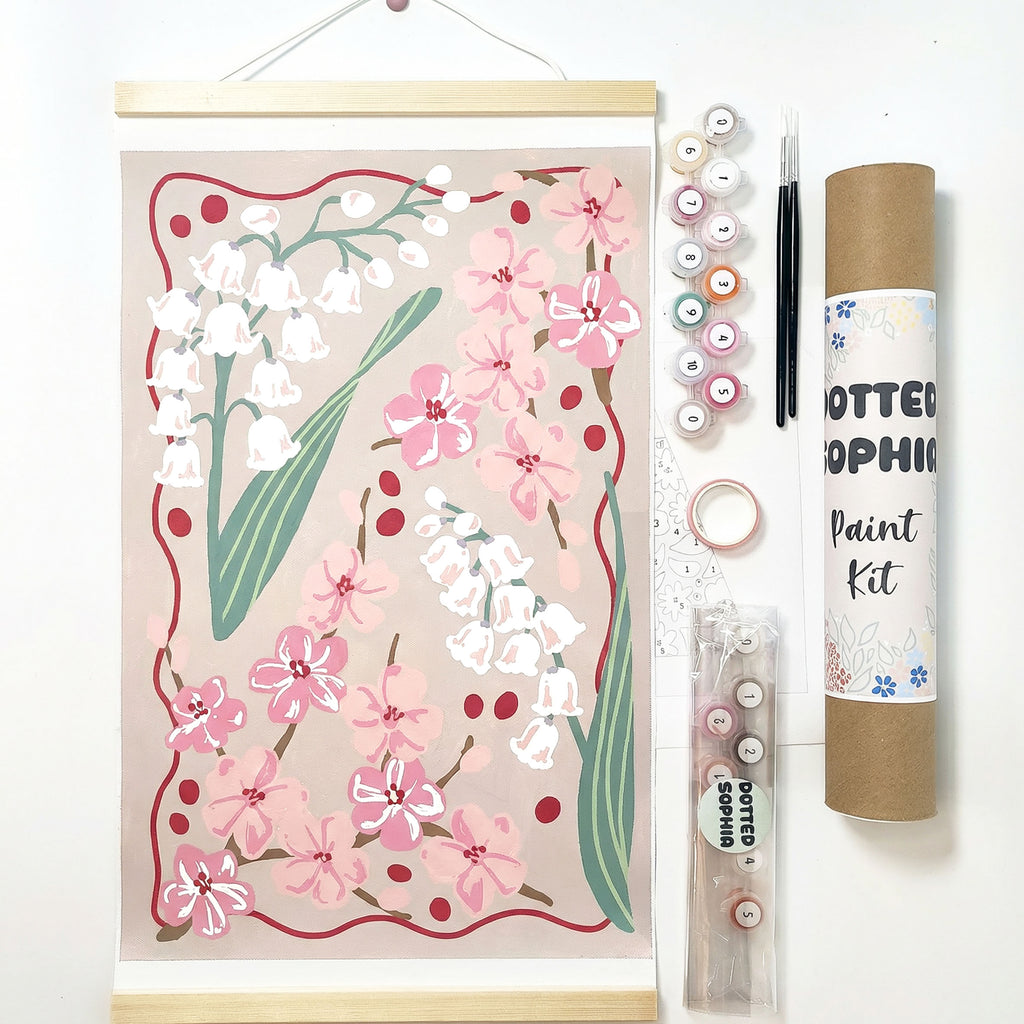 Lily of the Valley & Hawthorn Sip and Paint by Number kit, DIY make your own modern wall art Dotted Sophia Easy Beginners Wellbeing Canvas Born in MayFamily Birth Bouquet